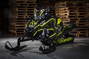 A Polaris Axys snowmobile wrapped in the all new and official Klim Demolish sledwrap